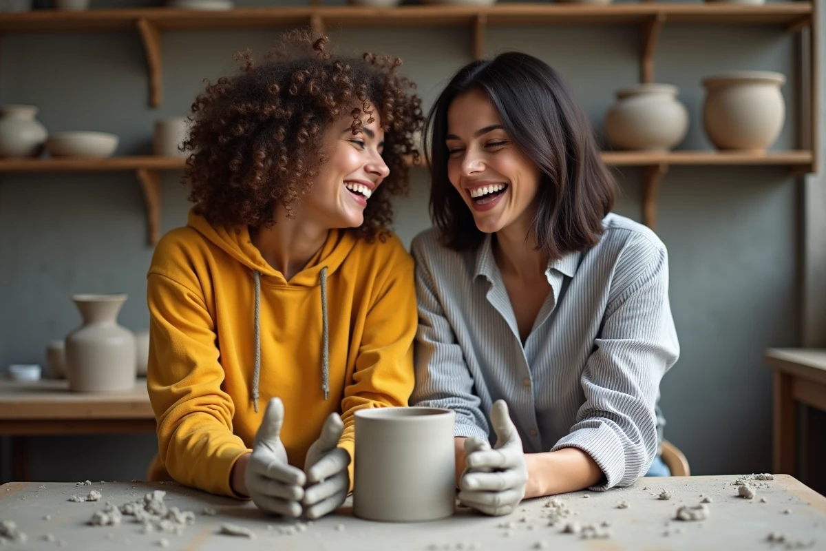 Deux amies cours de poterie atelier céramique artisanal, loisir créatif convivial