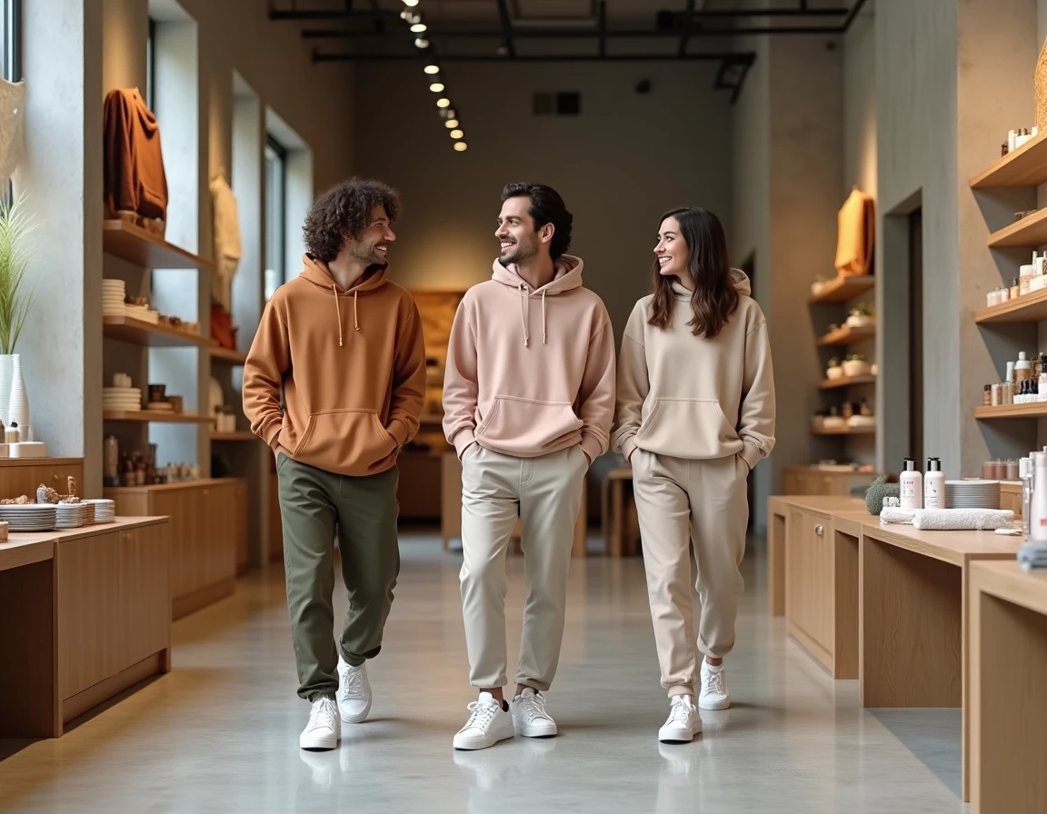Groupe d'amis explorant un concept store lifestyle urbain tendance