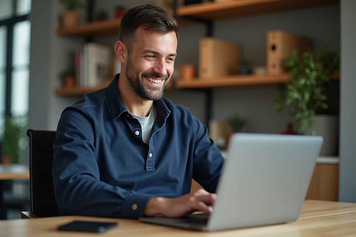 Homme consultant ses avantages de parrainage Zalando Privé sur un ordinateur portable dans son bureau à domicile