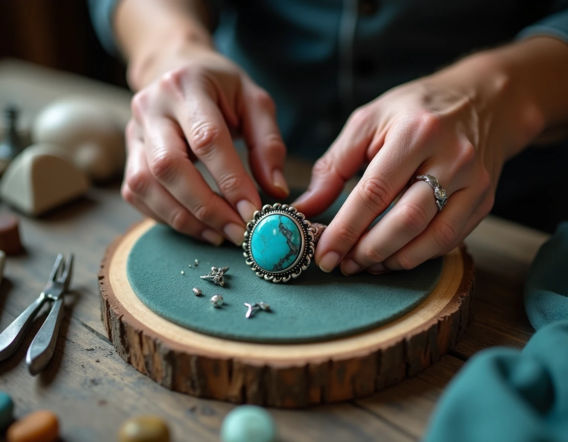Mains d'artisan posant une bague en argent avec pierre de turquoise brute sur un plateau en velours dans un atelier de bijouterie