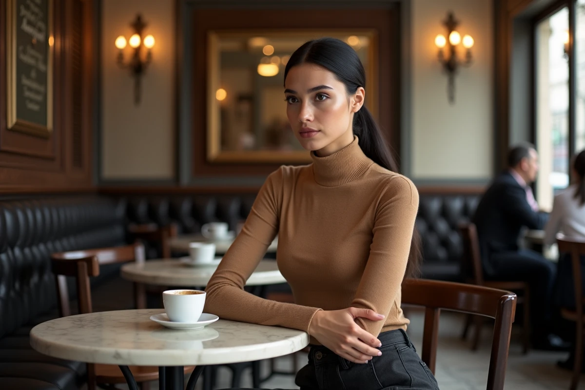Betul Yilmazturk assise dans une brasserie parisienne classique, incarnant l'élégance française avec un col roulé camel