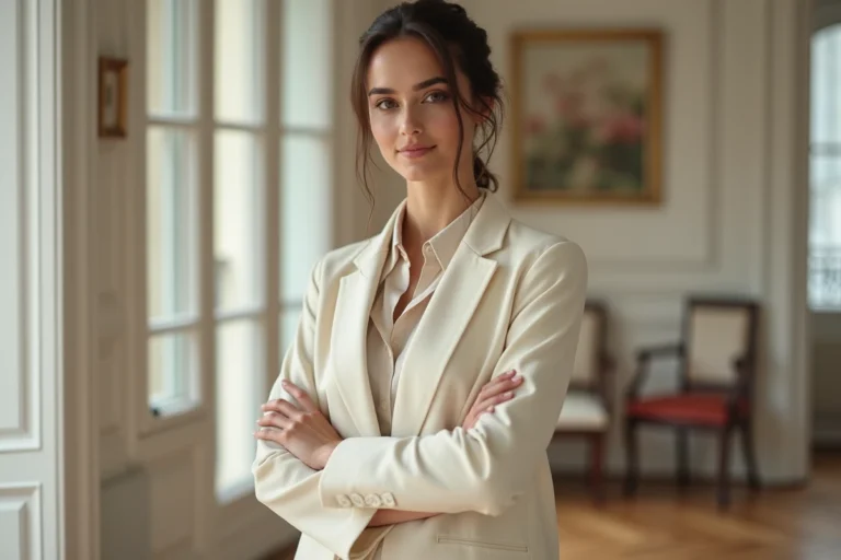 Betul Yilmazturk, portrait élégant d'une femme en blazer ivoire dans un appartement parisien haussmannien