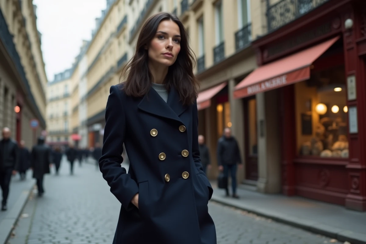 Betul Yilmazturk marchant avec élégance dans une rue pavée de Paris portant un manteau marine structuré