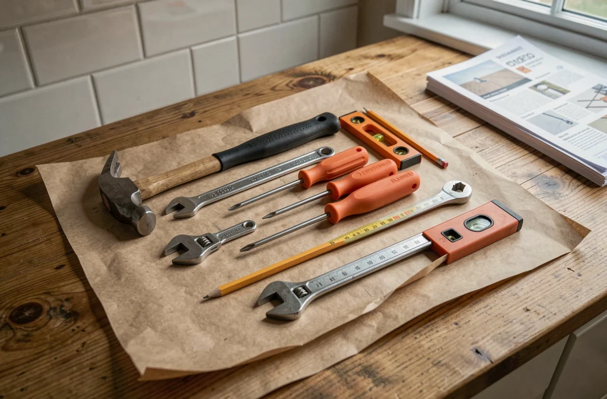 Boîte à outils ouverte avec outils de bricolage essentiels posée sur une table en bois pour des travaux à la maison