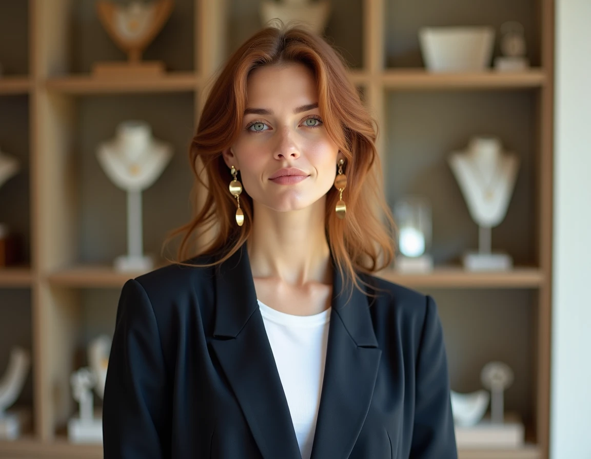 Jeune femme portant des boucles d'oreilles asymétriques en or forgé devant une vitrine de bijoux artisanaux dans une boutique contemporaine