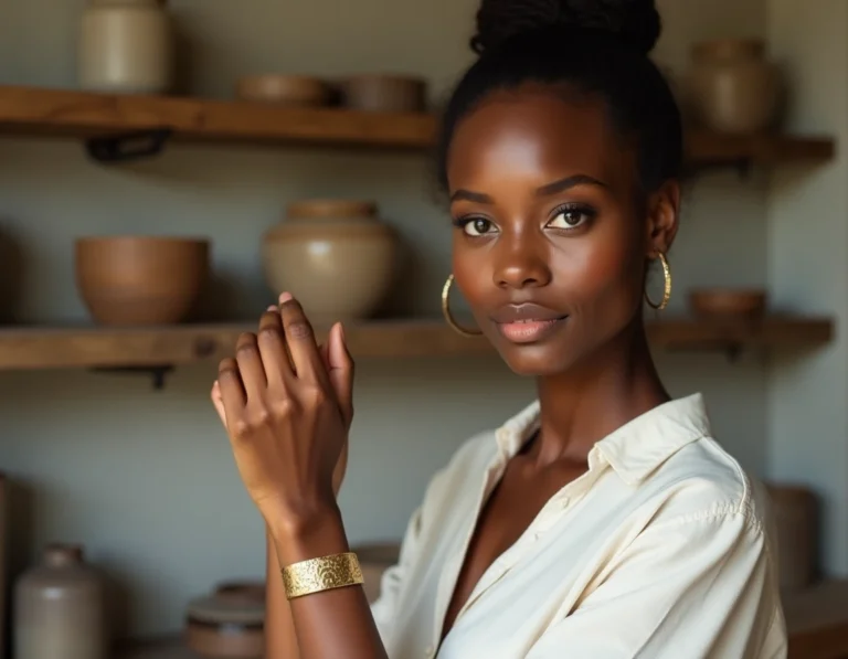 Femme portant un bracelet artisanal en laiton martelé, bijou unique et moderne mis en valeur dans un atelier parisien