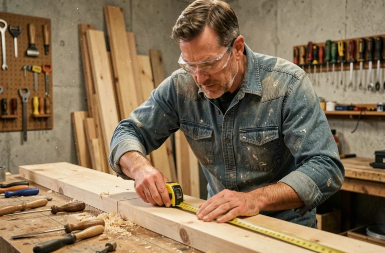 Artisan bricoleur mesurant une planche en bois dans un atelier de garage équipé d'outils et de matériaux de travaux