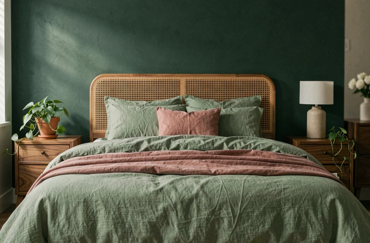 Chambre contemporaine avec literie en lin vert sauge, mur vert forêt et décoration en rotin et terracotta