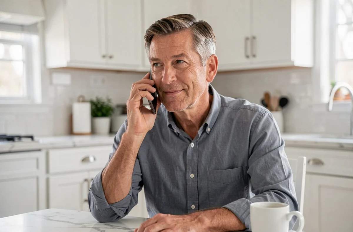 Homme contactant le service client Damart par téléphone depuis sa cuisine