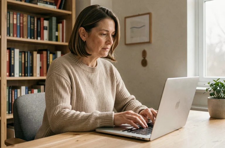 Femme contactant le service client Damart par email depuis son bureau à domicile