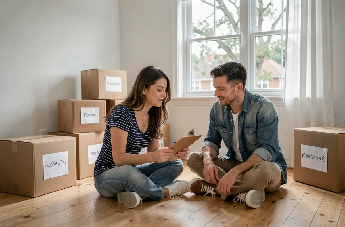 Couple assis sur le parquet d'un appartement vide consultant une liste de contrôle pour organiser leur déménagement