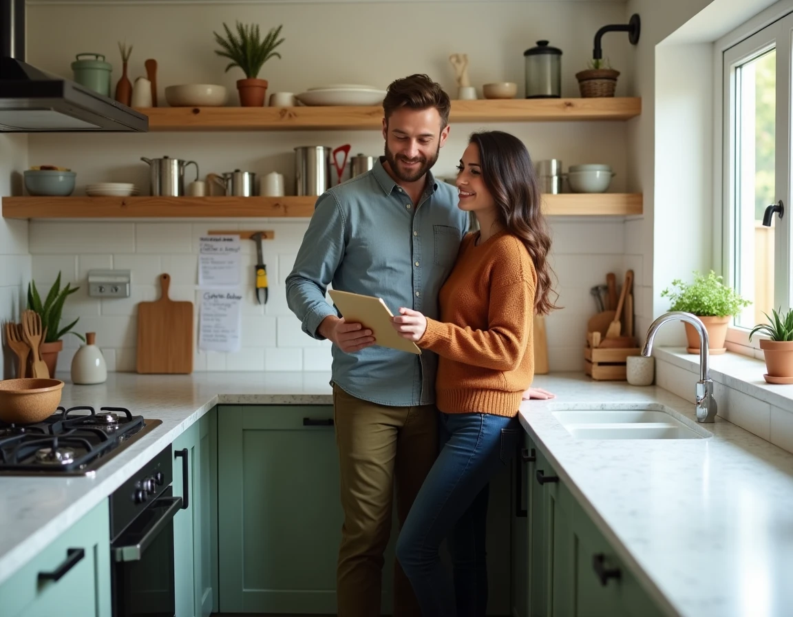 Couple consultant une liste de contrôle d'entretien maison dans une cuisine moderne aux meubles vert sauge