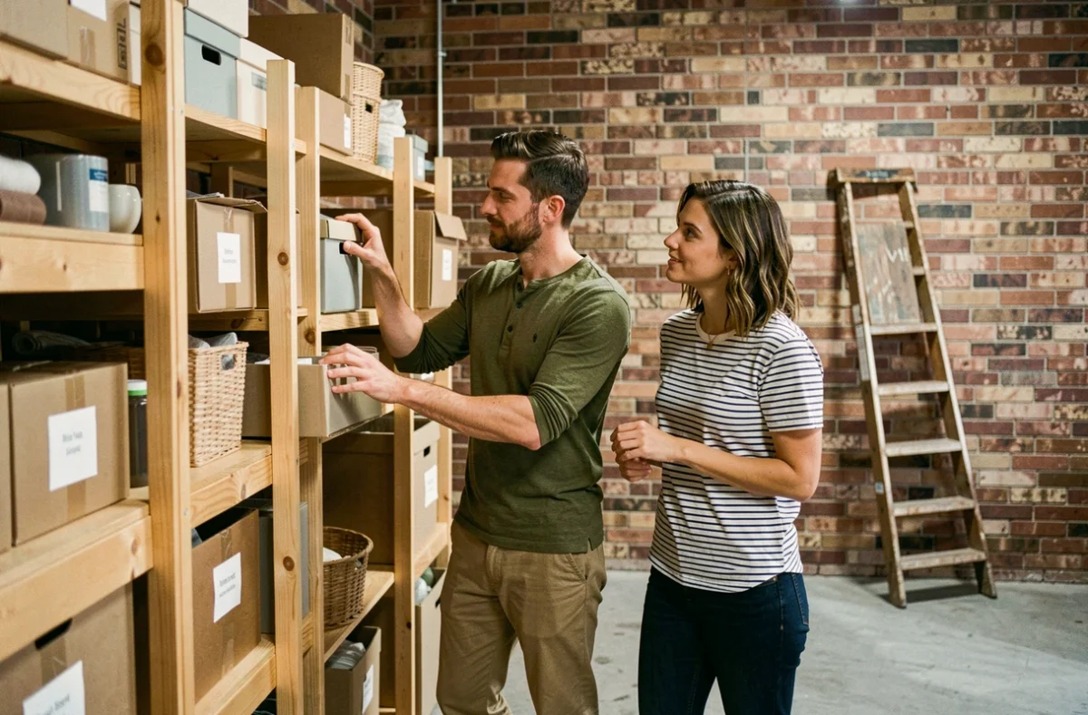 Couple organisant des étagères dans une pièce de rangement lors d'un projet d'amélioration et d'organisation de la maison