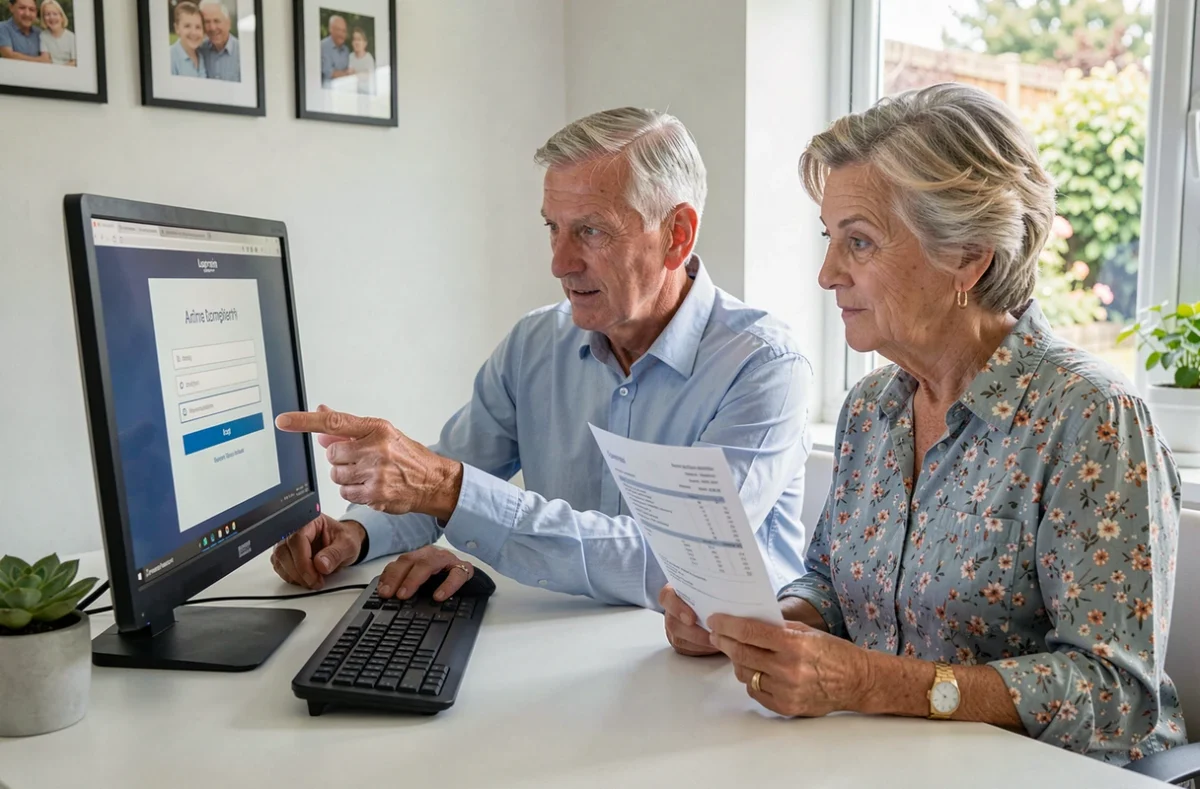 Couple de retraités consultant ensemble le portail de compte Orange sur un ordinateur de bureau à domicile