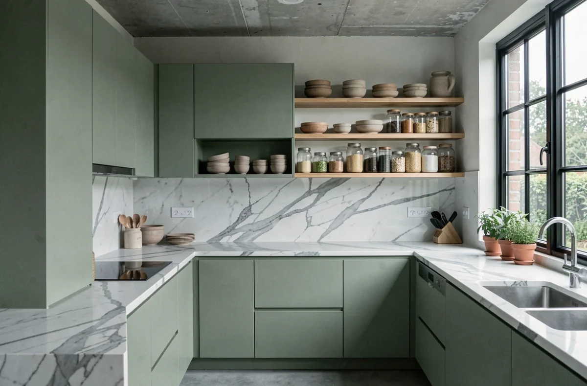 Cuisine moderne avec façades vert sauge, plan de travail en marbre Calacatta et étagères ouvertes en céramique