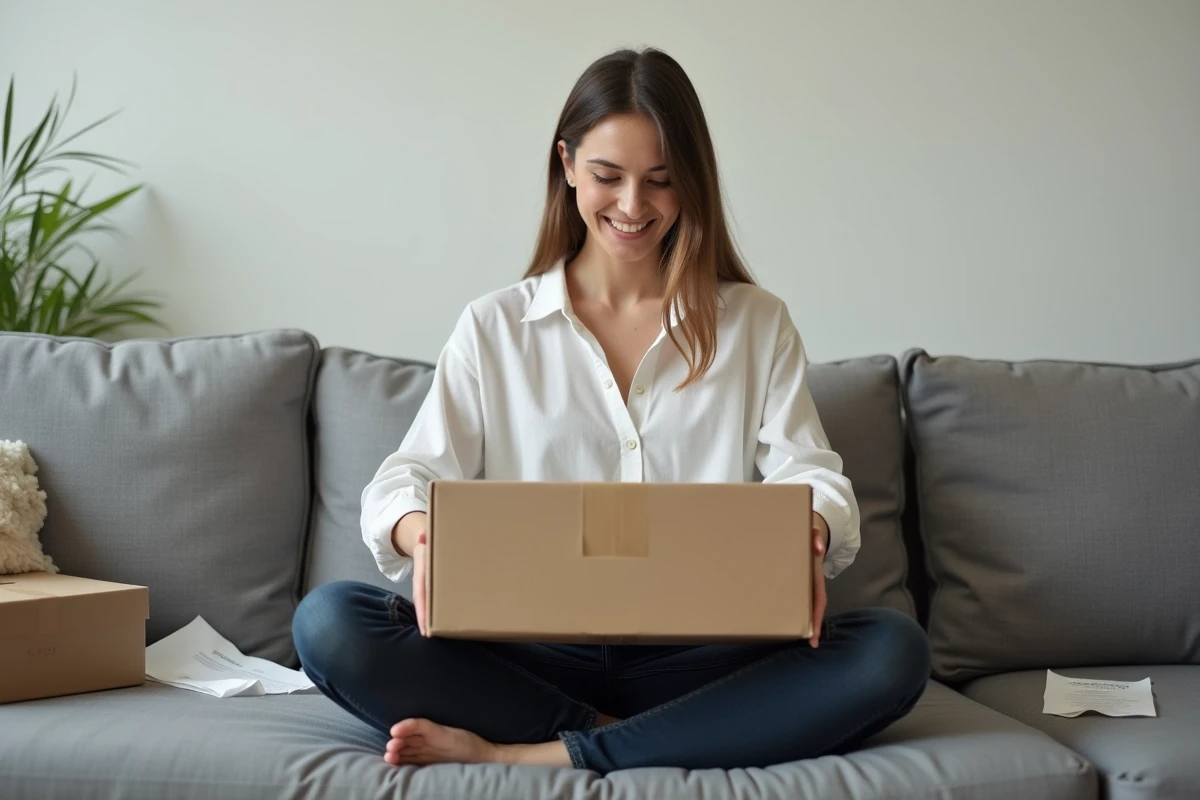 Jeune femme déballant une commande Zalando Privé reçue grâce à son parrainage depuis son salon