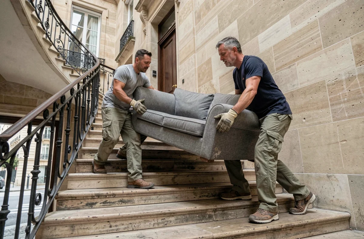 Deux déménageurs portant un canapé dans l'escalier d'un immeuble haussmannien lors d'un déménagement