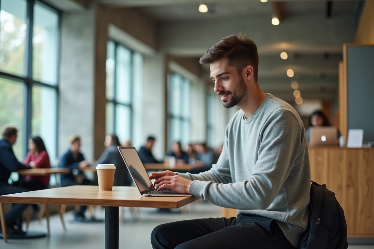 Étudiant masculin accédant aux services étudiants de MySchool ESCP sur une tablette dans un espace commun de campus
