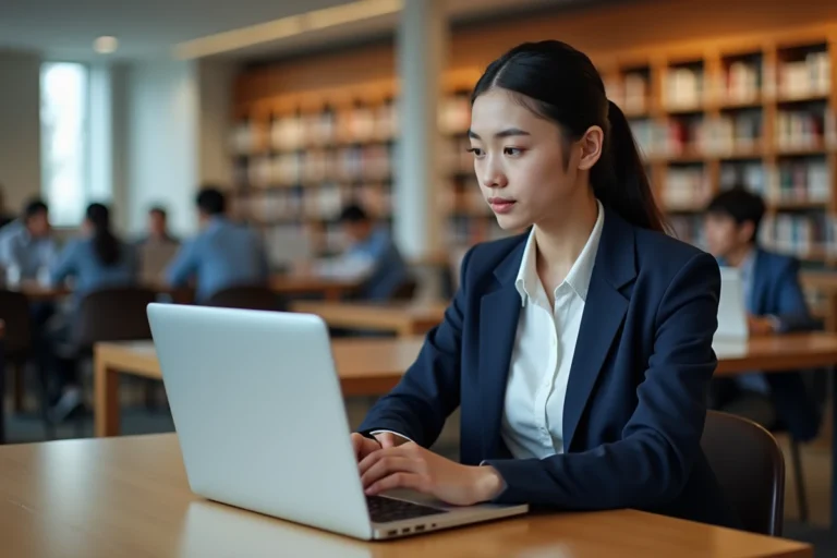 Étudiante connectée au portail étudiant MySchool ESCP sur un ordinateur portable dans une bibliothèque universitaire moderne