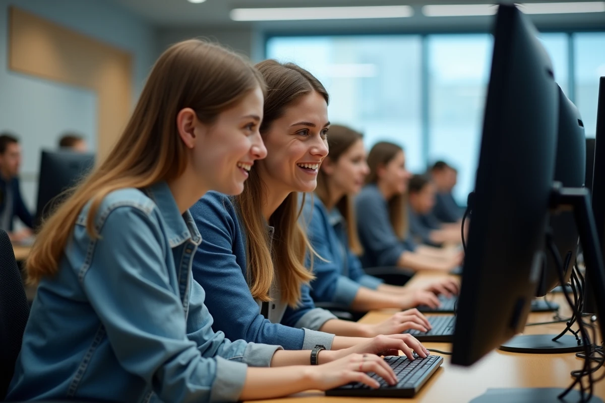 Deux étudiants consultant ensemble le portail MySchool ESCP sur un ordinateur de bureau dans une salle informatique universitaire