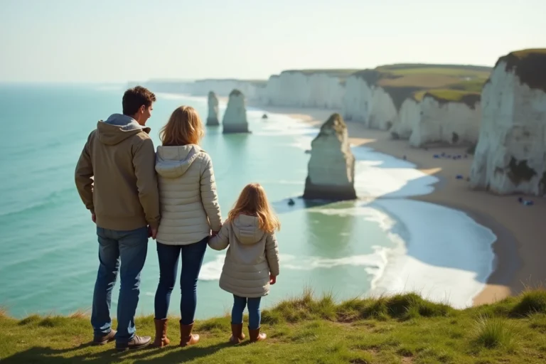 Famille souriante sur la falaise d'Étretat avec les arches blanches