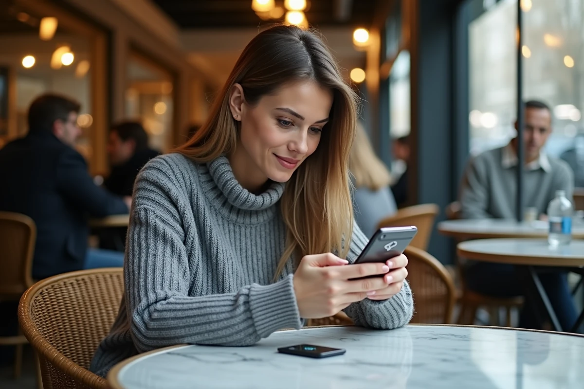 Femme regardant un appel entrant avec indicatif 04 sur son téléphone dans un café français
