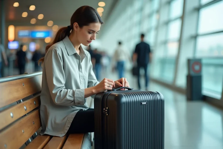 Femme examinant le cadenas TSA 007 de sa valise dans un aéroport