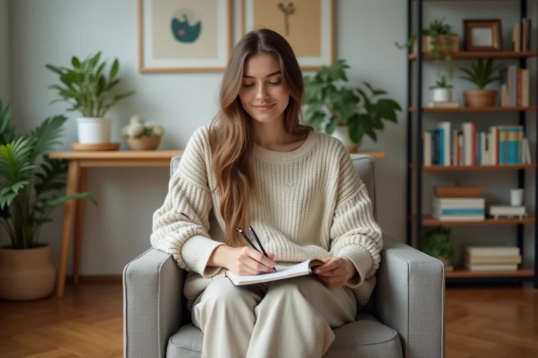 Jeune femme écrivant dans un journal dans un salon cosy