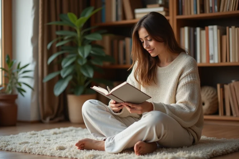 Femme lisant un livre dans un salon scandinave chaleureux, loisir détente à la maison