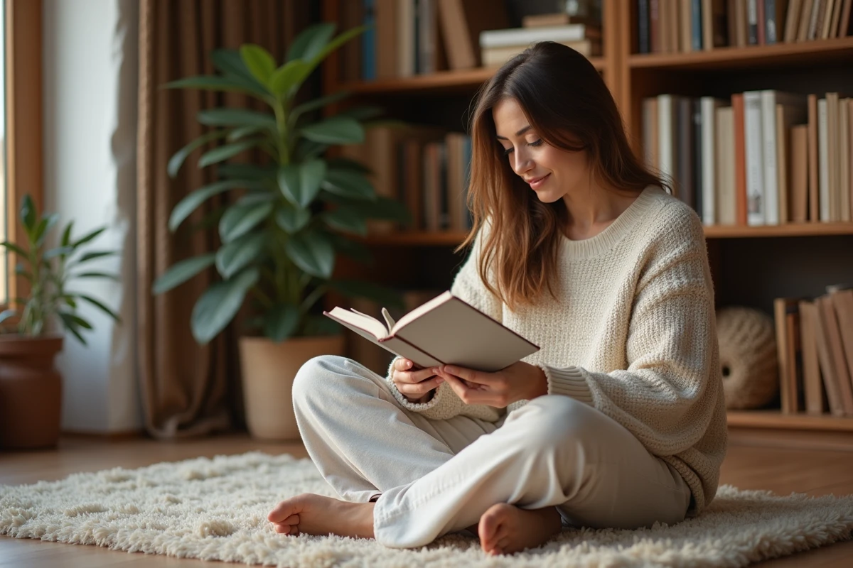 Femme lisant un livre dans un salon scandinave chaleureux, loisir détente à la maison