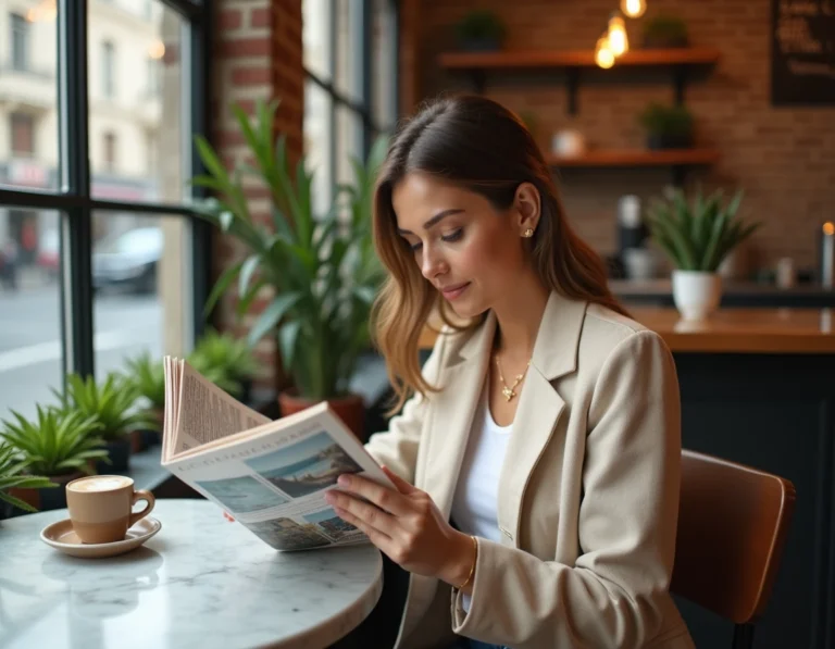 Femme élégante feuilletant un magazine lifestyle dans un café parisien tendance