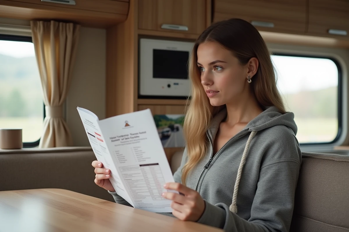 Jeune femme dans un camping-car lisant un manuel d