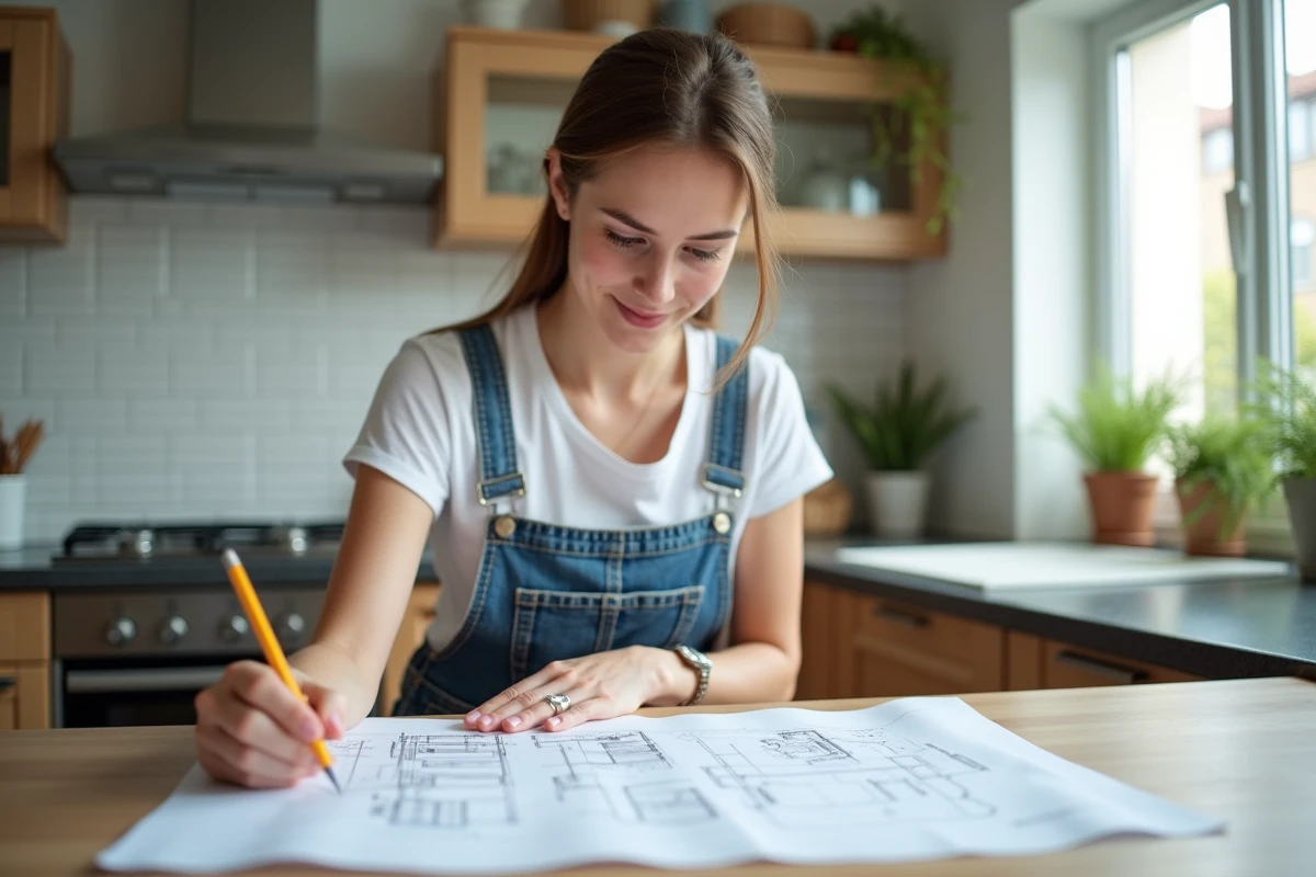 Jeune femme regardant des plans de renovation dans la cuisine