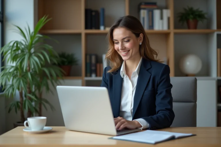 Femme professionnelle recherchant un emploi en ligne sur son ordinateur portable dans un bureau à domicile moderne