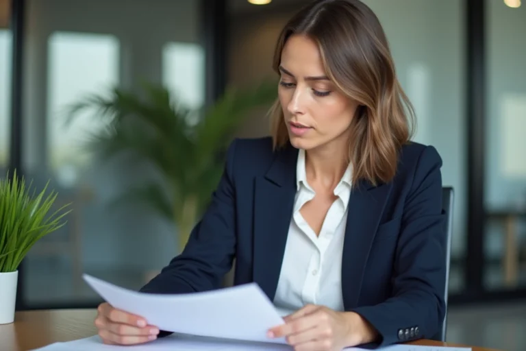 Femme professionnelle en bureau moderne avec papiers