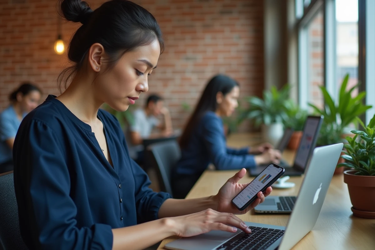 Femme recherchant la nouvelle adresse d'un site web sur ordinateur et smartphone dans un espace de coworking