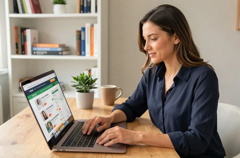 Femme cherchant des offres d'intérim en ligne sur un ordinateur portable dans un bureau à domicile moderne