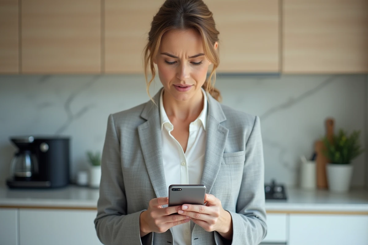 Femme consultant son smartphone pour réinitialiser un mot de passe et récupérer l'accès à son compte Esalia