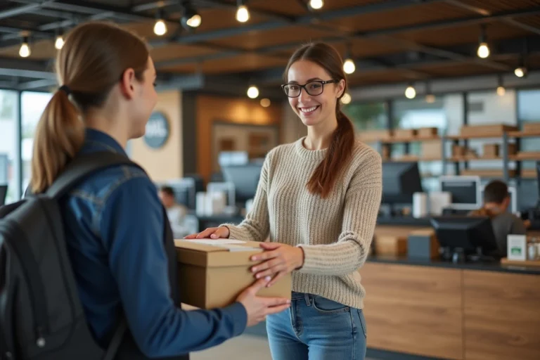 Femme souriante remettant un colis à un employé dans un relais urbain
