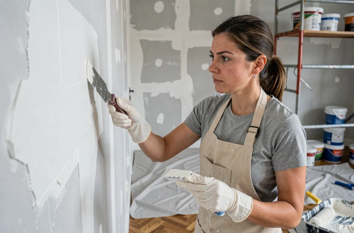 Femme appliquant de l'enduit de rebouchage sur un mur intérieur lors de travaux de rénovation domestique