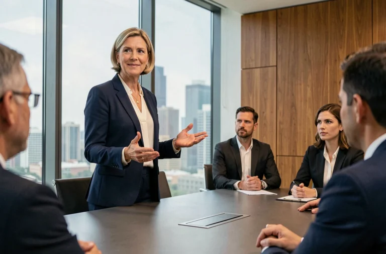 Dirigeante d'entreprise animant une session de formation au leadership en salle de conférence moderne