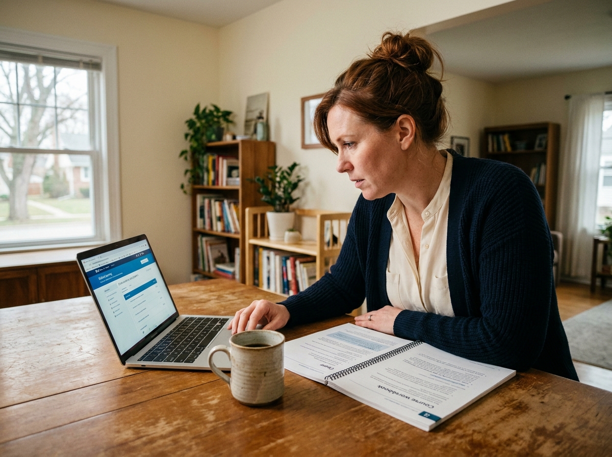 Femme adulte suivant une formation de secrétaire médicale en ligne depuis son domicile avec un ordinateur portable