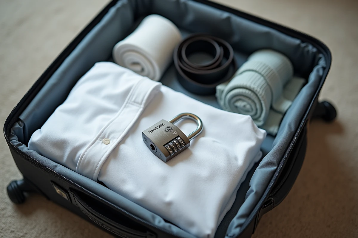 Gros plan d'un cadenas TSA 007 sur une valise ouverte avec vêtements pliés