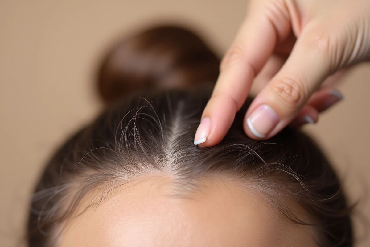 Gros plan sur le cuir chevelu clairsemé d'une femme montrant la densité des cheveux et les zones de chute traitées avec Bio Densyl