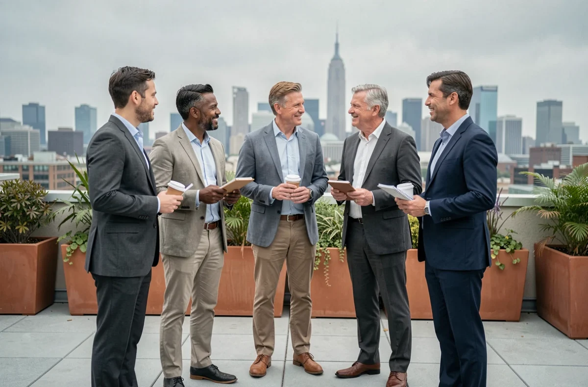 Groupe de dirigeants d'entreprise en formation leadership sur une terrasse urbaine moderne