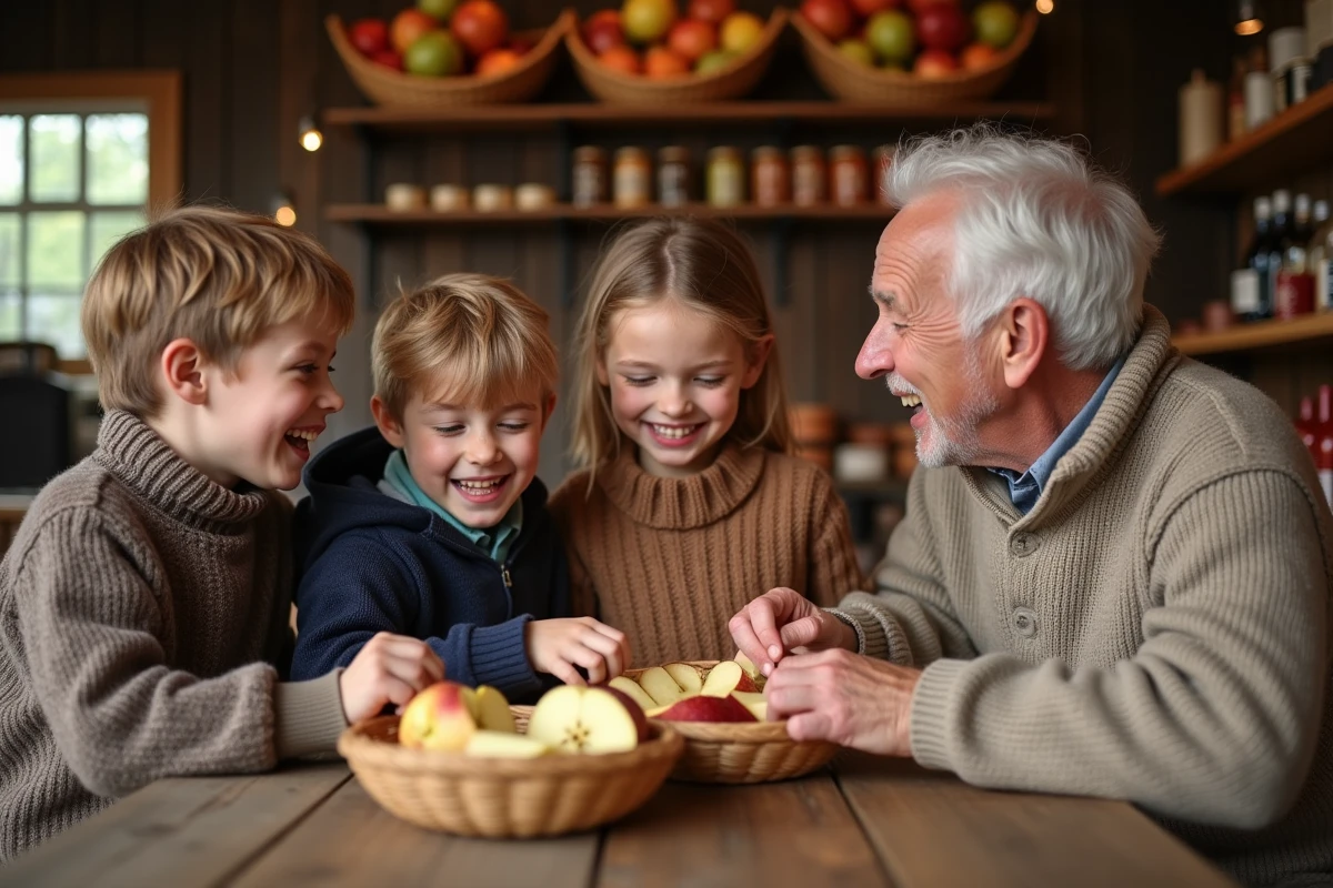 Enfants et grands-parents dégustant du cidre dans une maison chaleureuse