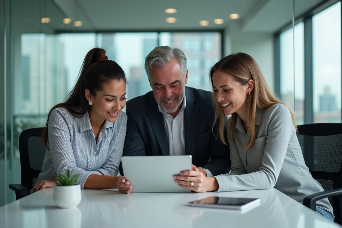 Groupe de professionnels collaborant sur une plateforme d'emploi en ligne dans une salle de réunion moderne