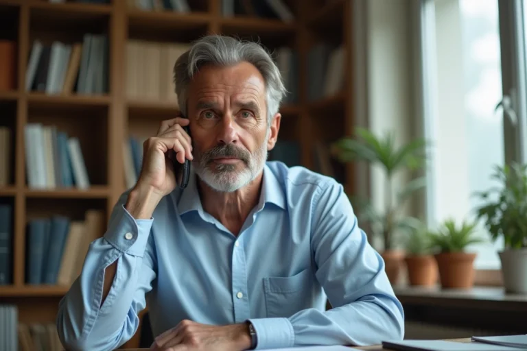 Homme consultant un appel téléphonique avec l'indicatif 04 12 sur son smartphone dans un bureau à domicile