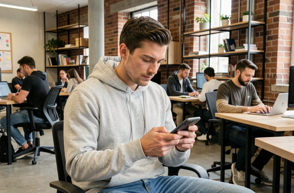 Jeune homme consultant une application d'emploi intérimaire sur son smartphone dans un espace de coworking