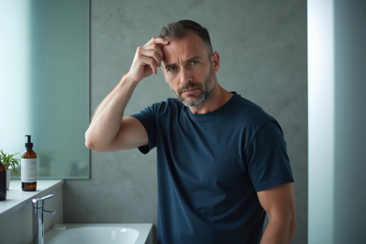Homme appliquant un traitement capillaire Bio Densyl sur son cuir chevelu pour lutter contre la chute de cheveux avancée
